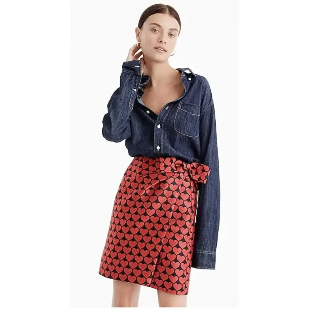 J. Crew Faux Wrap Skirt Jacquard Heart Mini Electric Red Black Bow 0 Lined H2856